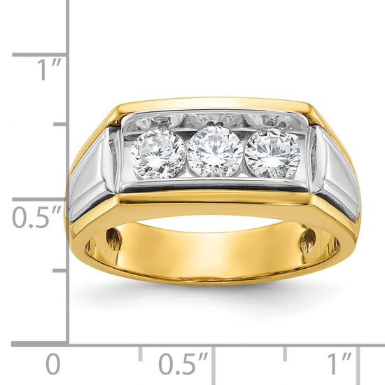 14k Two-tone Men's Polished and Grooved 3-Stone 1 Carat AA Quality Diamond Ring