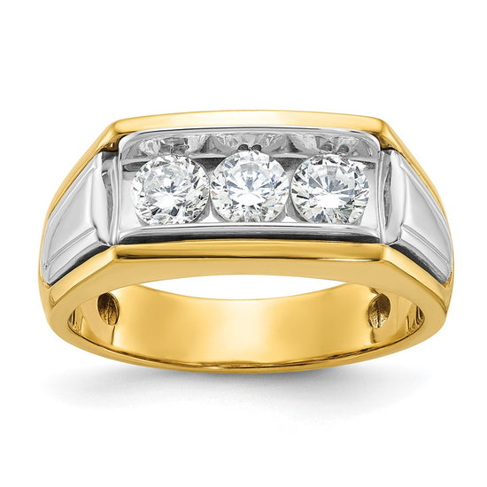 14k Two-tone Men's Polished and Grooved 3-Stone 1 Carat AA Quality Diamond Ring