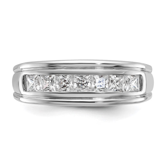14k White Gold Men's Polished and Grooved 7-Stone Square 1 Carat AA Quality Diamond Ring