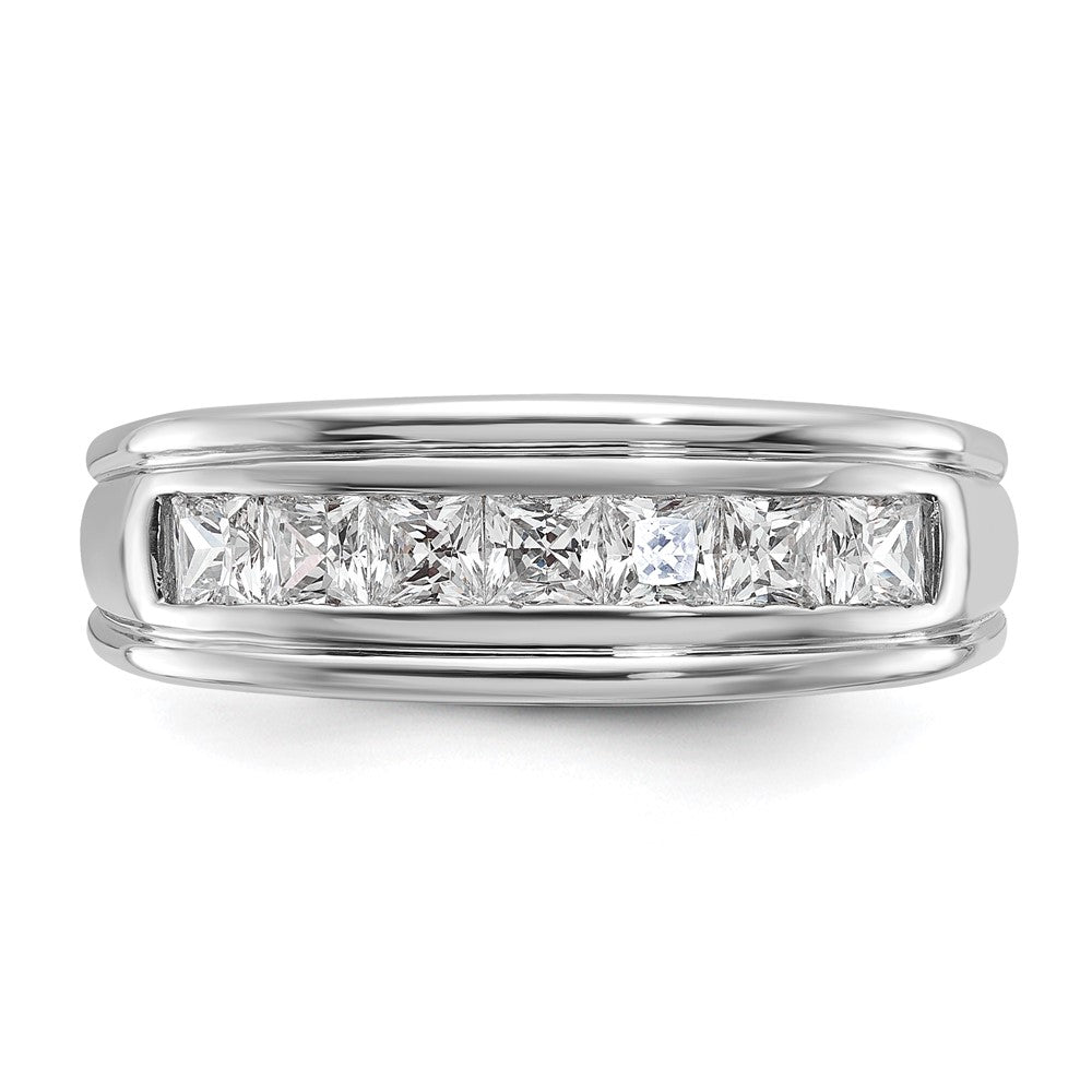 14k White Gold Men's Polished and Grooved 7-Stone Square 1 Carat AA Quality Diamond Ring
