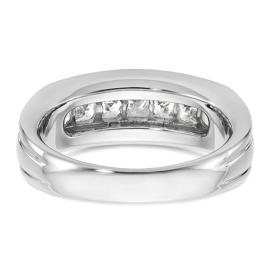 14k White Gold Men's Polished and Grooved 7-Stone Square 1 Carat AA Quality Diamond Ring