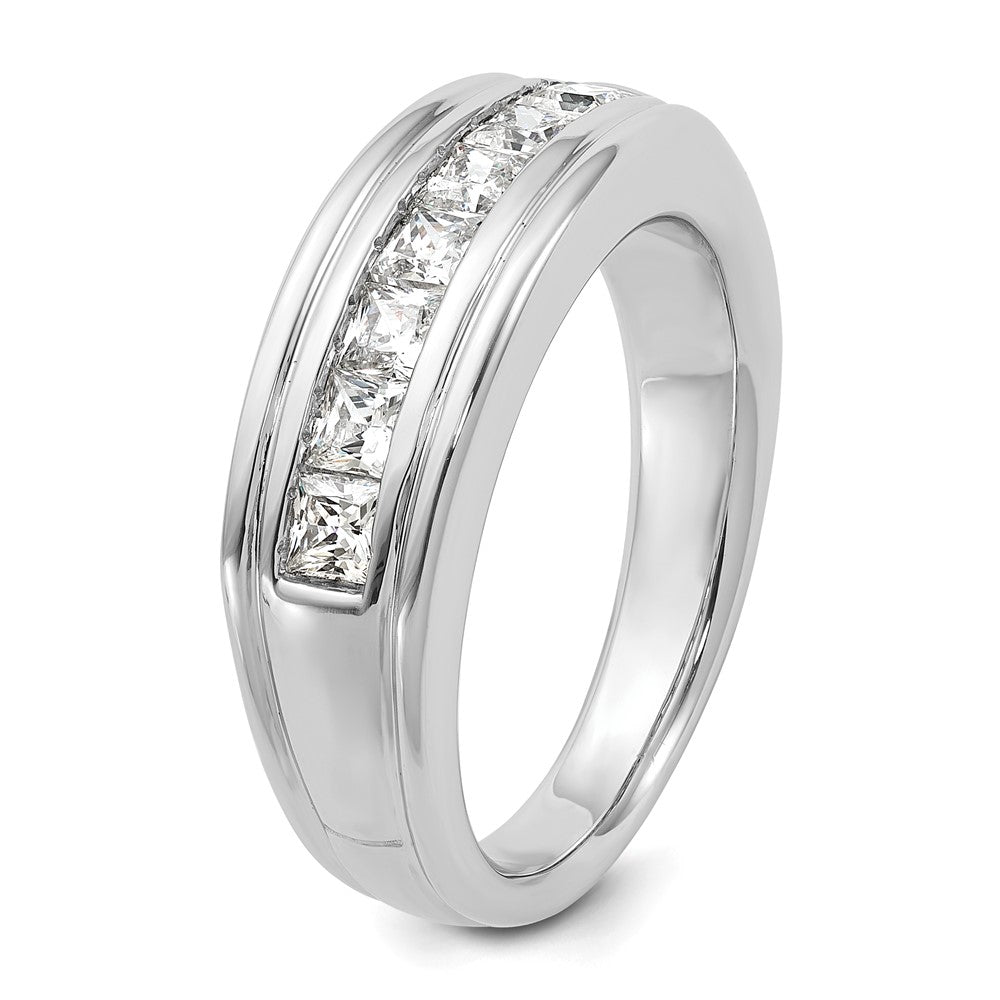 14k White Gold Men's Polished and Grooved 7-Stone Square 1 Carat AA Quality Diamond Ring
