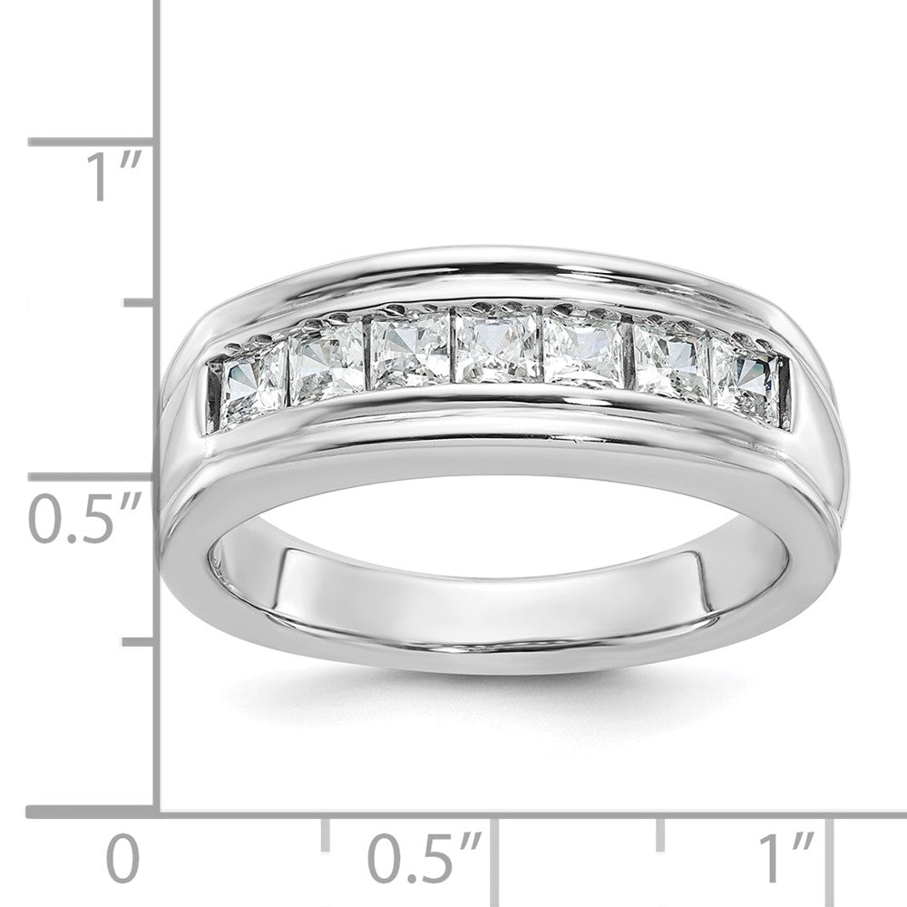 14k White Gold Men's Polished and Grooved 7-Stone Square 1 Carat AA Quality Diamond Ring
