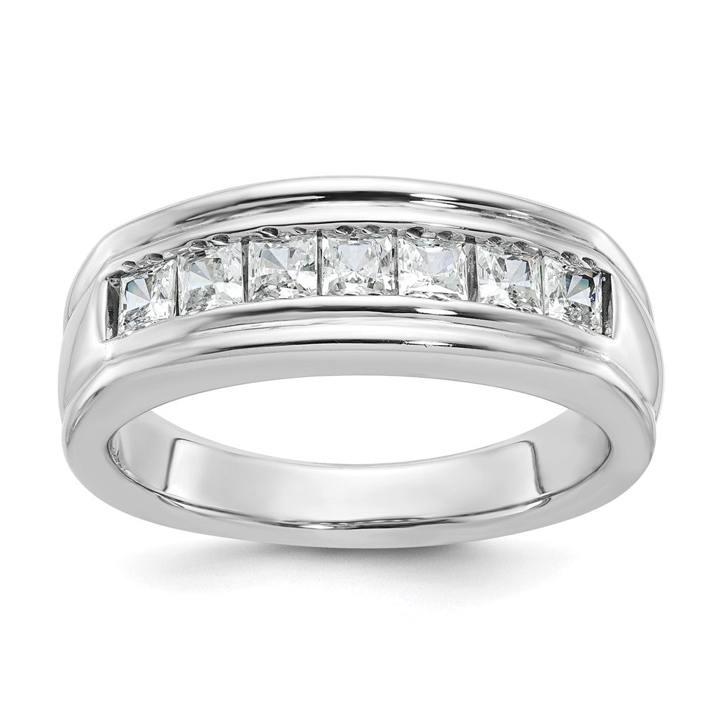 14k White Gold Men's Polished and Grooved 7-Stone Square 1 Carat AA Quality Diamond Ring