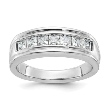 14k White Gold Men's Polished and Grooved 7-Stone Square 1 Carat AA Quality Diamond Ring