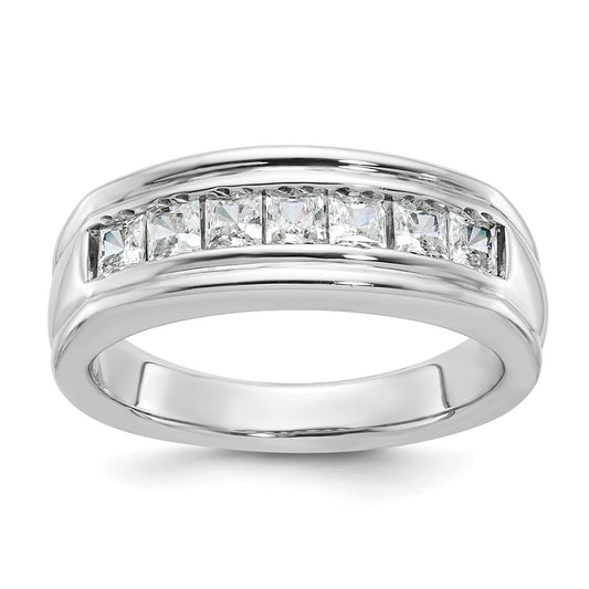 14k White Gold Men's Polished and Grooved 7-Stone Square 1 Carat AA Quality Diamond Ring