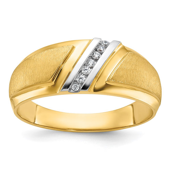 14k with White Rhodium Mens Polished and Satin 7-Stone 1/20 Carat AA Diamond Ring