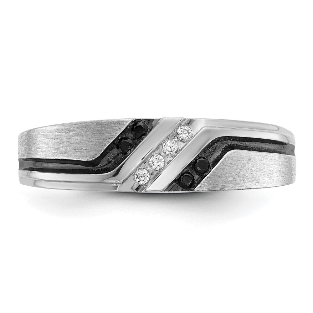 14k White Gold 1/8 carat Lab Grown Diamond VS/SI+ G+ and 1/8 carat Black Mined Diamonds Complete Polished Satin and Grooved Men's Ring
