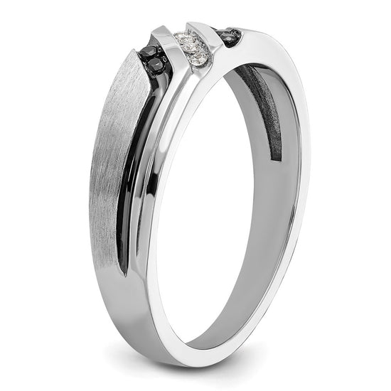14k White Gold 1/8 carat Lab Grown Diamond VS/SI+ G+ and 1/8 carat Black Mined Diamonds Complete Polished Satin and Grooved Men's Ring