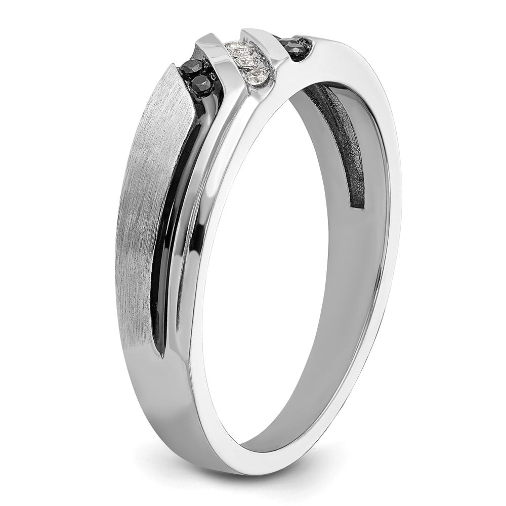 14k White Gold 1/8 carat Lab Grown Diamond VS/SI+ G+ and 1/8 carat Black Mined Diamonds Complete Polished Satin and Grooved Men's Ring