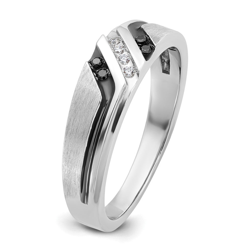 14k White Gold 1/8 carat Lab Grown Diamond VS/SI+ G+ and 1/8 carat Black Mined Diamonds Complete Polished Satin and Grooved Men's Ring