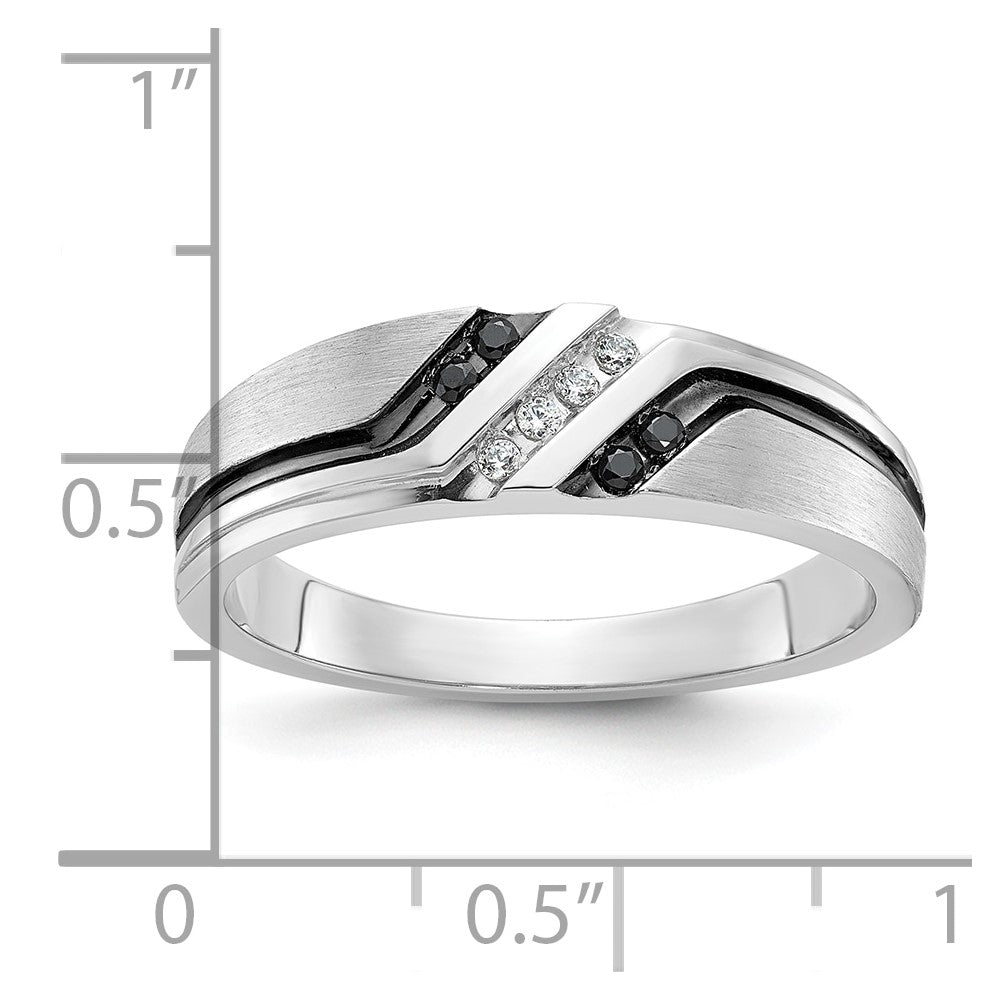 14k White Gold with Black Rhodium Men's Polished Satin and Grooved 1/8 Carat AA Quality Black and White Diamond Ring