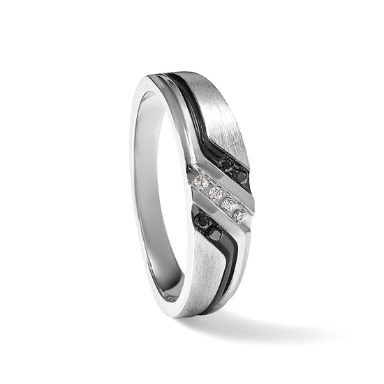 14k White Gold 1/8 carat Lab Grown Diamond VS/SI+ G+ and 1/8 carat Black Mined Diamonds Complete Polished Satin and Grooved Men's Ring
