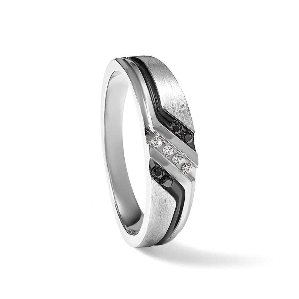 14k White Gold 1/8 carat Lab Grown Diamond VS/SI+ G+ and 1/8 carat Black Mined Diamonds Complete Polished Satin and Grooved Men's Ring