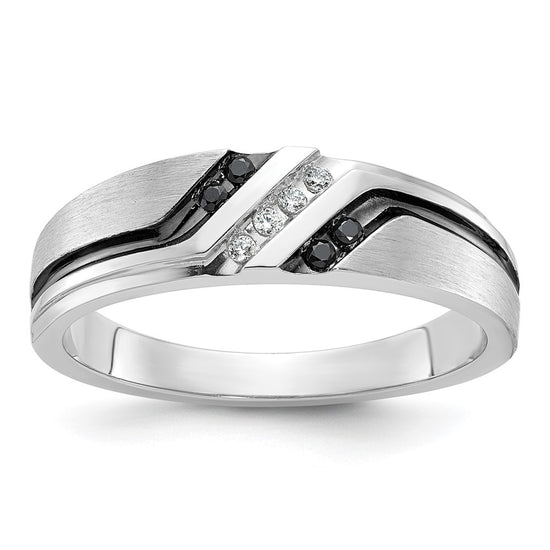 14k White Gold 1/8 carat Lab Grown Diamond VS/SI+ G+ and 1/8 carat Black Mined Diamonds Complete Polished Satin and Grooved Men's Ring