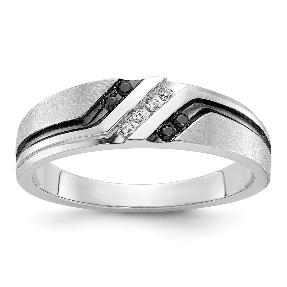 14k White Gold 1/8 carat Lab Grown Diamond VS/SI+ G+ and 1/8 carat Black Mined Diamonds Complete Polished Satin and Grooved Men's Ring