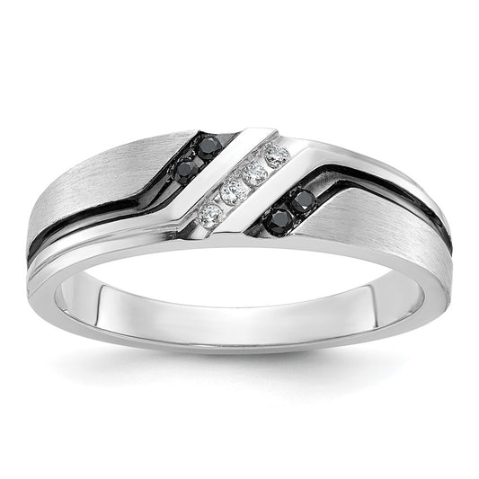 14k White Gold 1/8 carat Lab Grown Diamond VS/SI+ G+ and 1/8 carat Black Mined Diamonds Complete Polished Satin and Grooved Men's Ring