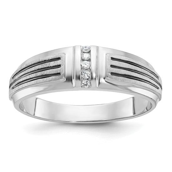 14k White Gold with Black Rhodium 1/20 carat Lab Grown Diamond VS/SI+ G+ Complete Polished Satin and Grooved Five Stone Men's Ring