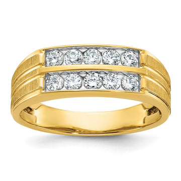 14k Men's Polished Satin and Grooved 2-Row 5/8 Carat AA Quality Diamond Ring