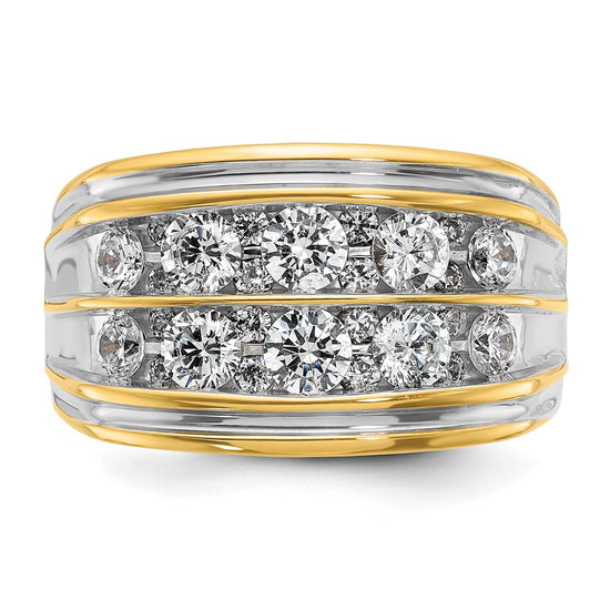 14k with White Rhodium Men's Polished and Grooved 2-Row 2 Carat AA Quality Diamond Ring