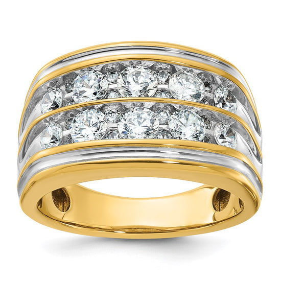 14k with White Rhodium Men's Polished and Grooved 2-Row 2 Carat AA Quality Diamond Ring