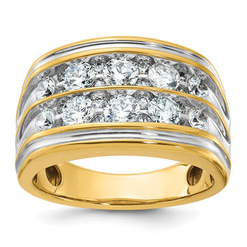 14k with White Rhodium Men's Polished and Grooved 2-Row 2 Carat AA Quality Diamond Ring