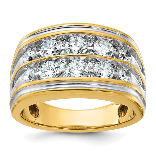 14k with White Rhodium Men's Polished and Grooved 2-Row 2 Carat AA Quality Diamond Ring