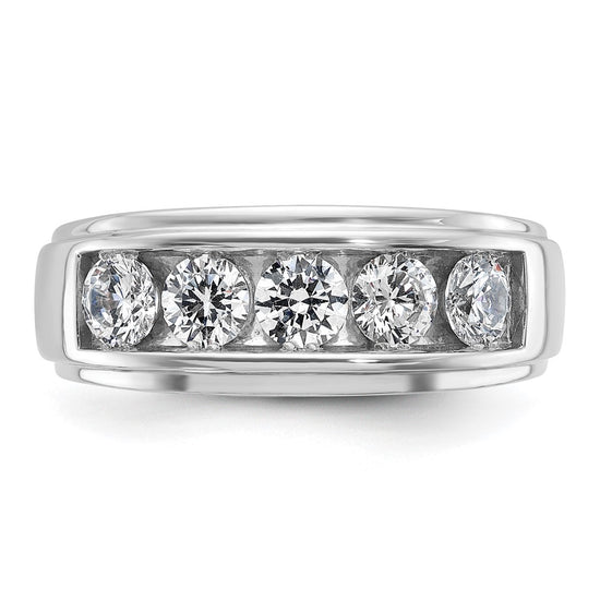 14k White Gold Men's Polished and Grooved 5-Stone 1 1/5 Carat AA Quality Diamond Ring