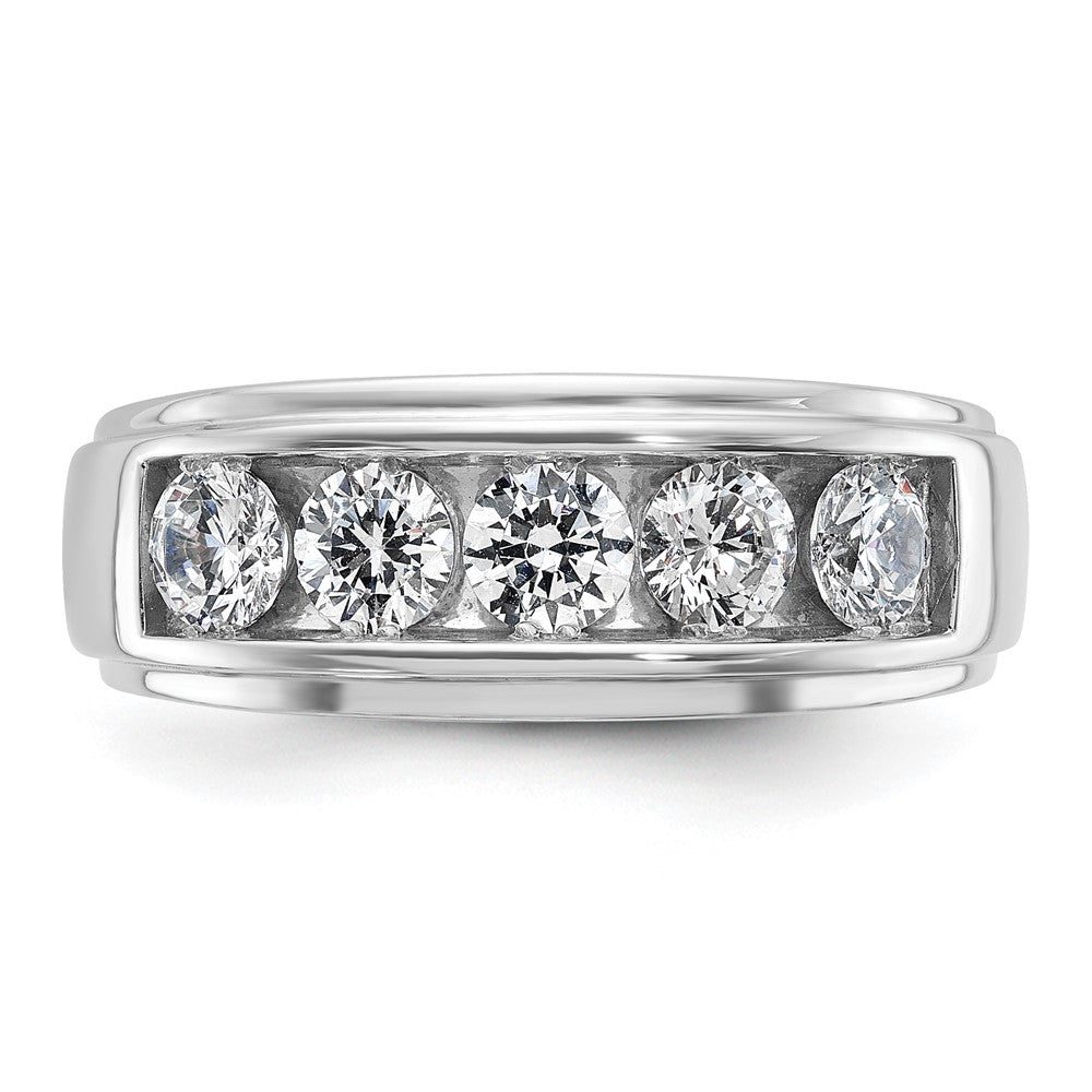 14k White Gold Men's Polished and Grooved 5-Stone 1 1/5 Carat AA Quality Diamond Ring