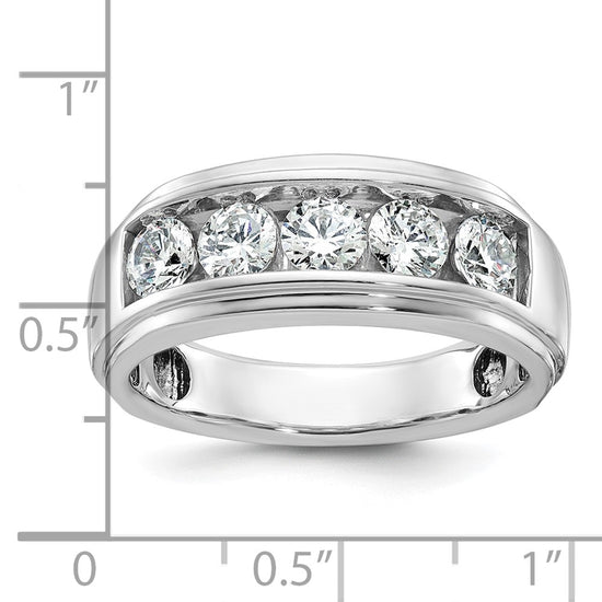 14k White Gold Men's Polished and Grooved 5-Stone 1 1/5 Carat AA Quality Diamond Ring