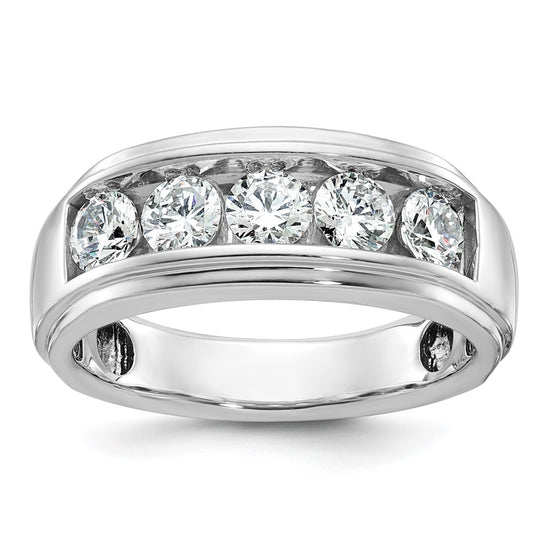 14k White Gold Mens Polished and Grooved 5-Stone 1.5 Carat AA Diamond Ring
