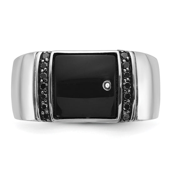 14k White Gold Men's Onyx and 1/4 carat Black Diamond Complete Ring