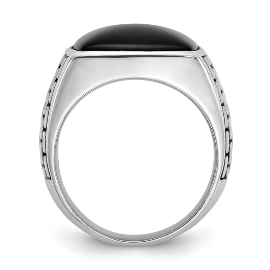 14k White Gold Men's Antiqued Onyx Complete Ring