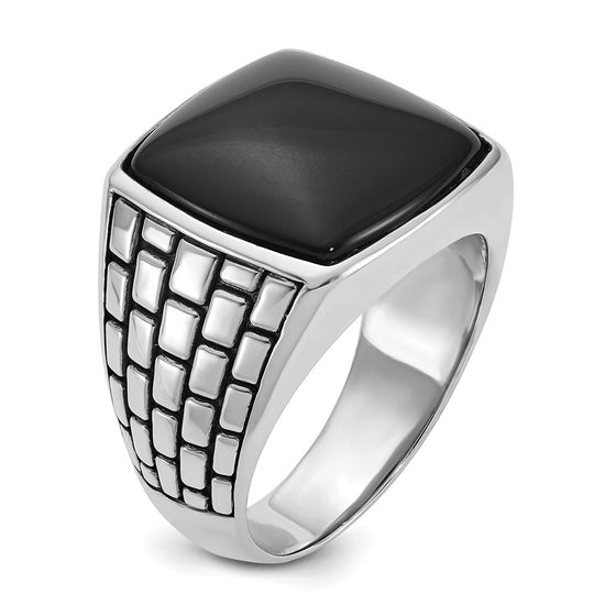 14k White Gold Men's Antiqued Onyx Complete Ring