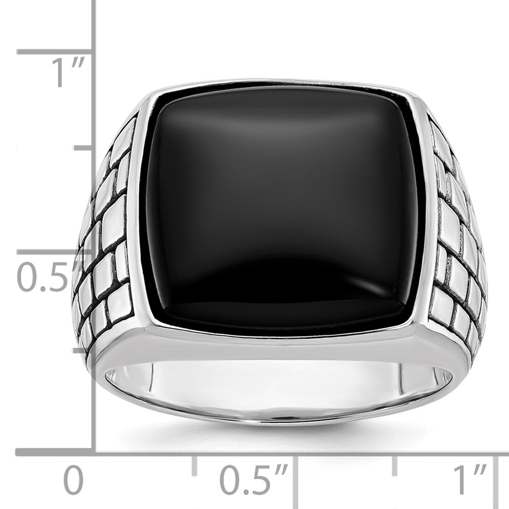 14k White Gold Men's Antiqued Onyx Complete Ring