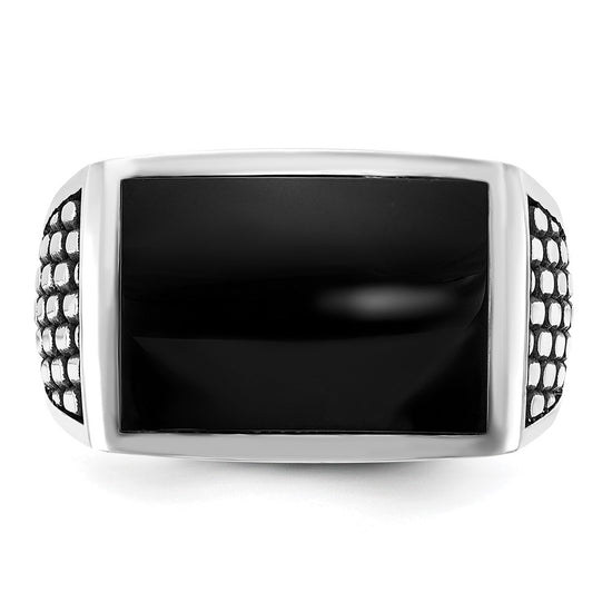 14k White Gold with Black Rhodium Men's Polished and Textured Onyx Ring