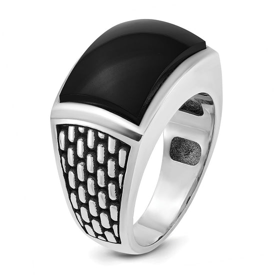 14k White Gold with Black Rhodium Men's Polished and Textured Onyx Ring