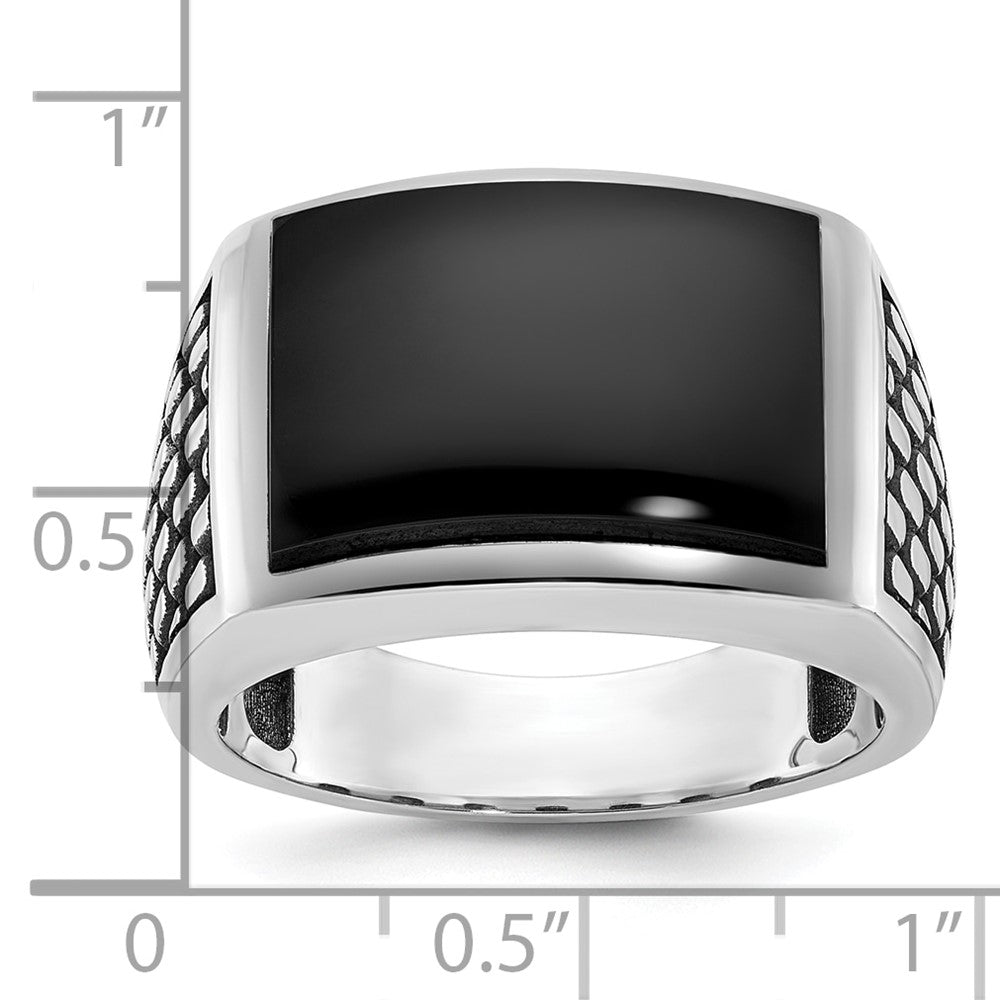 14k White Gold with Black Rhodium Men's Polished and Textured Onyx Ring
