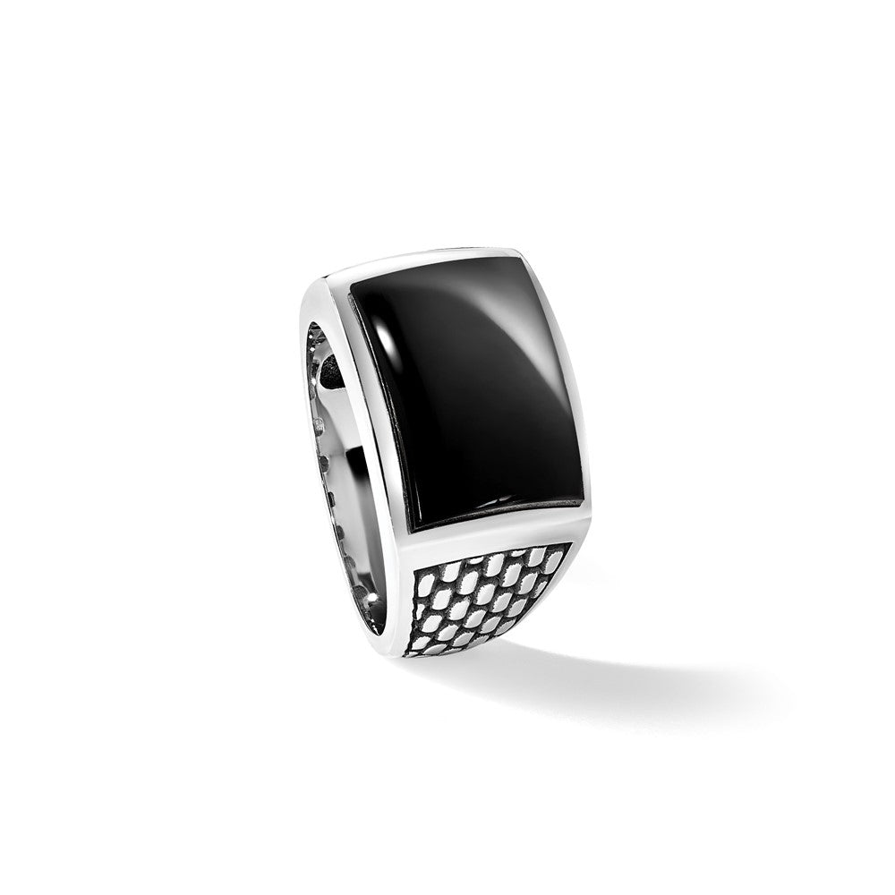 14k White Gold with Black Rhodium Men's Polished and Textured Onyx Ring