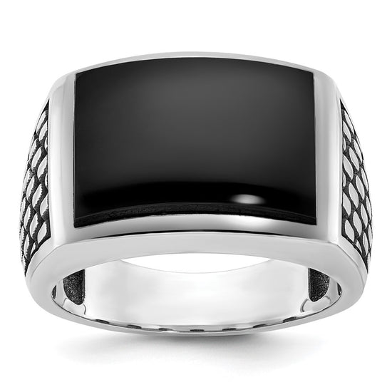 14k White Gold with Black Rhodium Men's Polished and Textured Onyx Ring