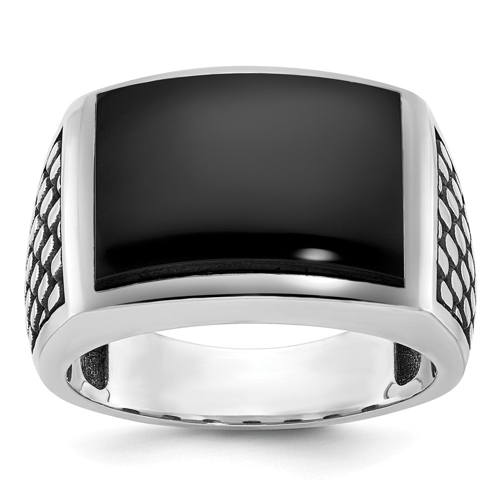 14k White Gold with Black Rhodium Men's Polished and Textured Onyx Ring