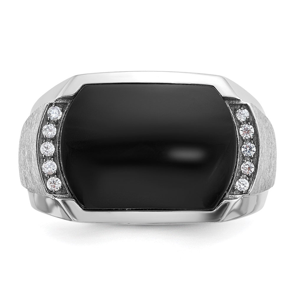 14k White Gold Men's Polished and Satin Onyx and 1/10 Carat AA Quality Diamond Ring