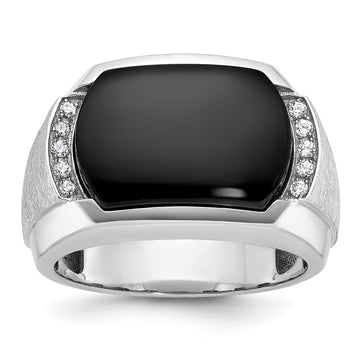 14k White Gold Men's Polished and Satin Onyx and 1/10 Carat AA Quality Diamond Ring