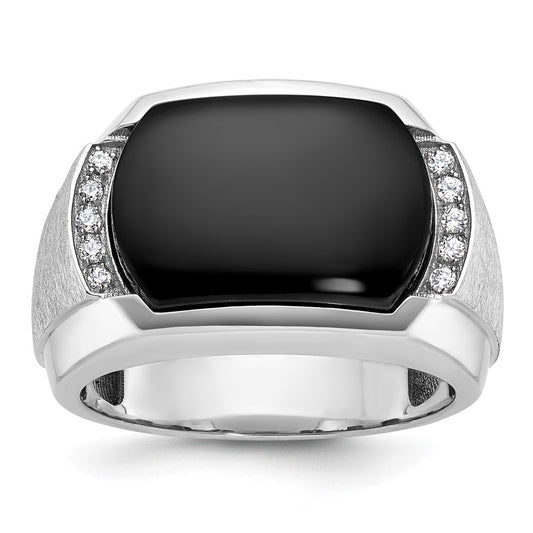 14k White Gold Men's Polished and Satin Onyx and 1/10 Carat AA Quality Diamond Ring
