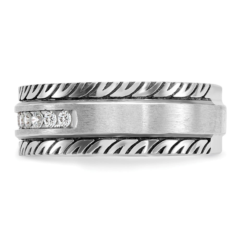 14k White Gold with Black Rhodium Men's Polished Satin and Grooved 1/5 Carat AA Quality Diamond Ring