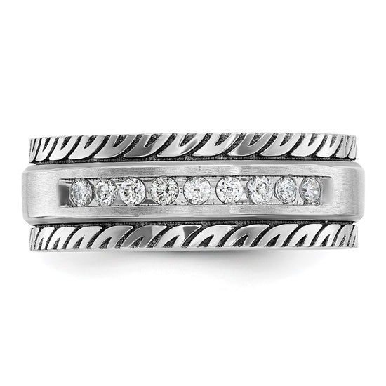 14k White Gold with Black Rhodium Men's Polished Satin and Grooved 1/5 Carat AA Quality Diamond Ring