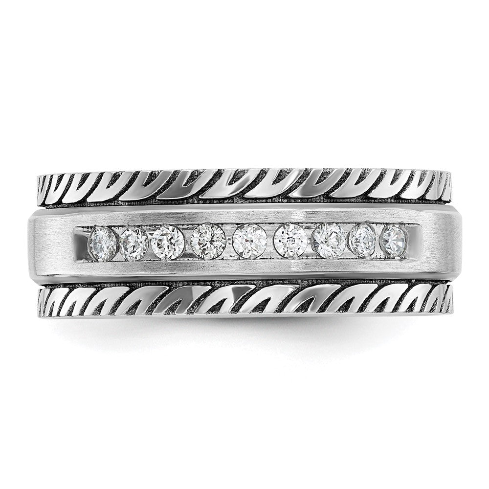 14k White Gold with Black Rhodium Men's Polished Satin and Grooved 1/5 Carat AA Quality Diamond Ring