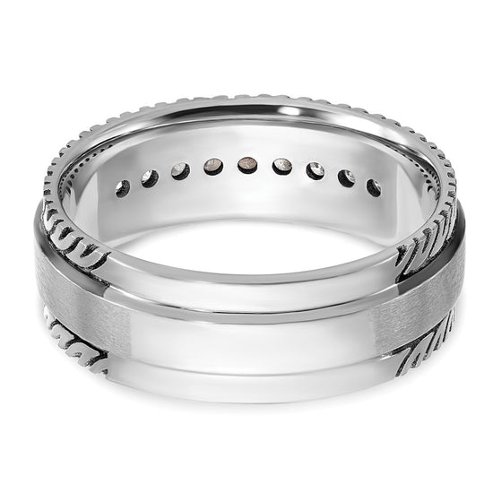 14k White Gold with Black Rhodium Men's Polished Satin and Grooved 1/5 Carat AA Quality Diamond Ring