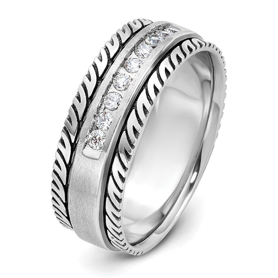 14k White Gold with Black Rhodium Men's Polished Satin and Grooved 1/5 Carat AA Quality Diamond Ring