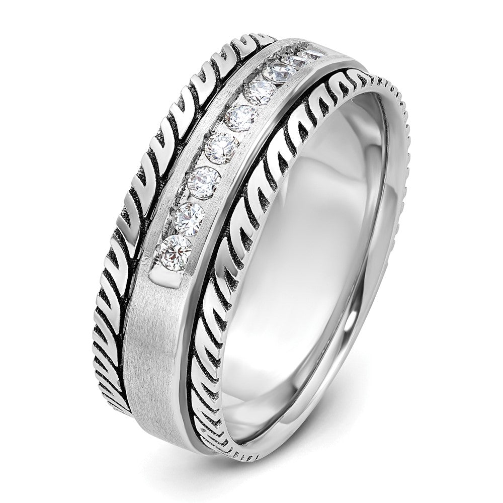 14k White Gold with Black Rhodium Men's Polished Satin and Grooved 1/5 Carat AA Quality Diamond Ring